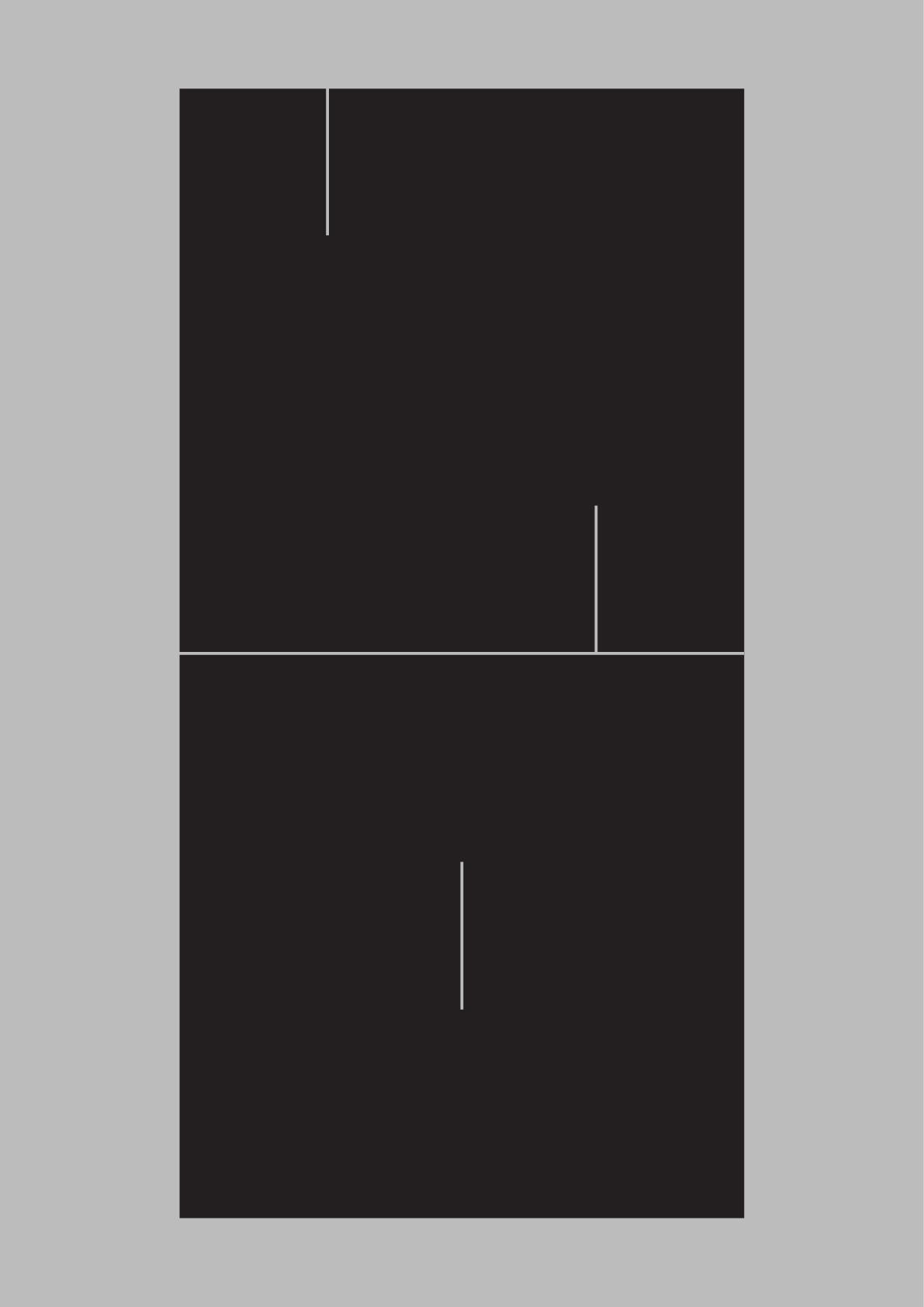 A tall black rectangle on grey, split across its middle by a thin line, with three short vertical strokes placed apart from each other.